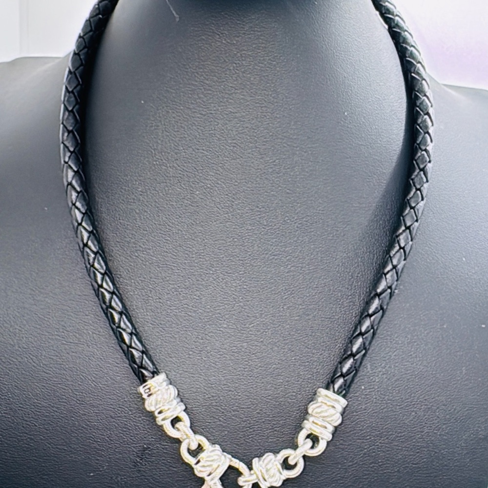 Judith Ripka Charm Necklace w/thick black leather cord w/Sterling findings.